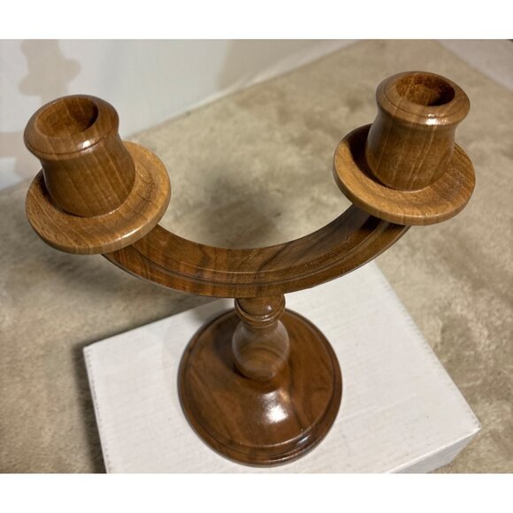 Wooden Double Candle Stick Holder Handcrafted Vintage 9.5” Rustic Decor - Picture 3 of 8